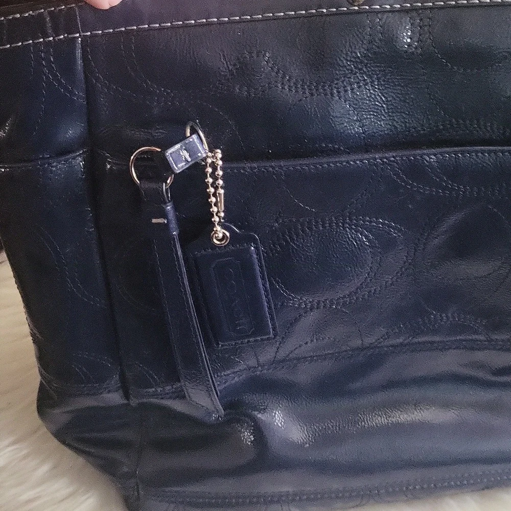 Coach Blue Signature Stitched Patent Leather Large Shoulder/cross Body Bag